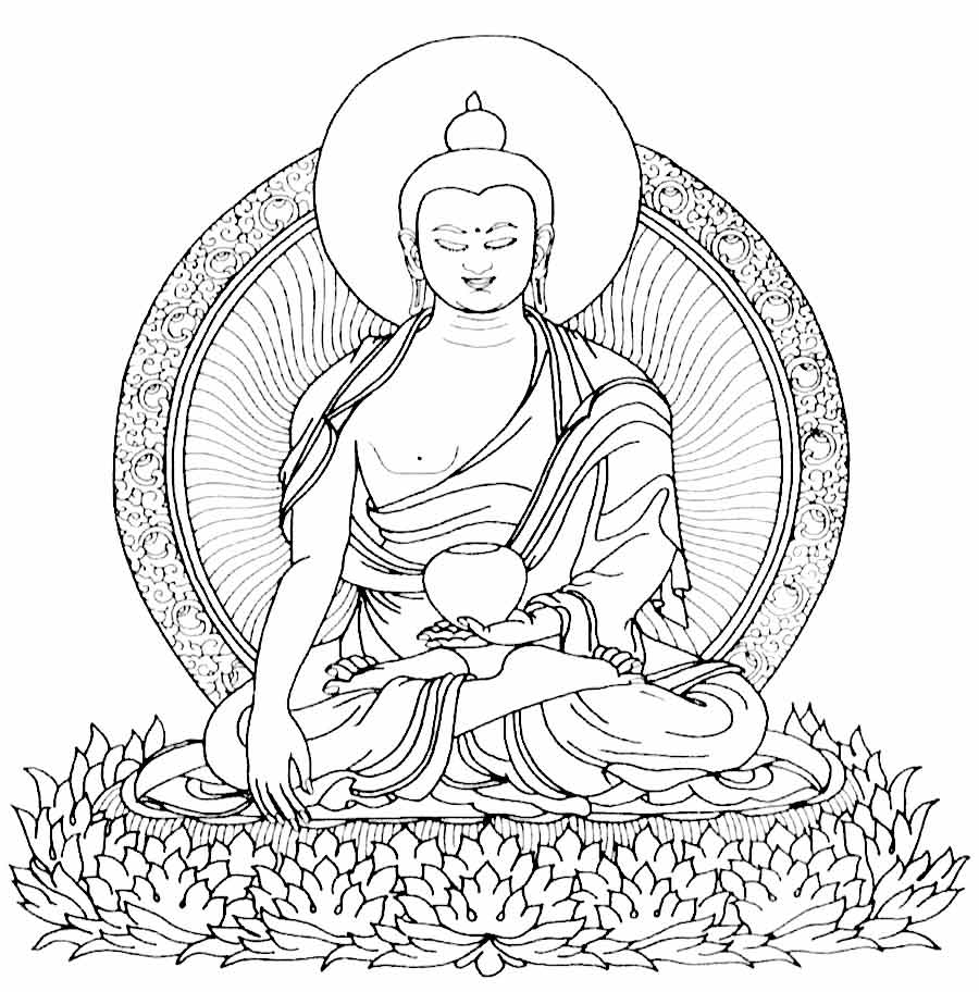 Coloriage d'un Bouddha assis entouré de motifs floraux et géométriques