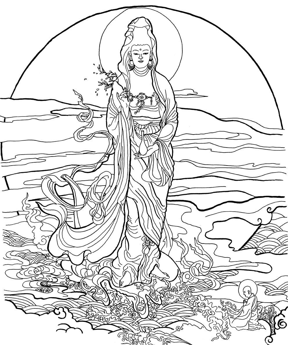 Coloriage de Bouddha en méditation avec motifs floraux