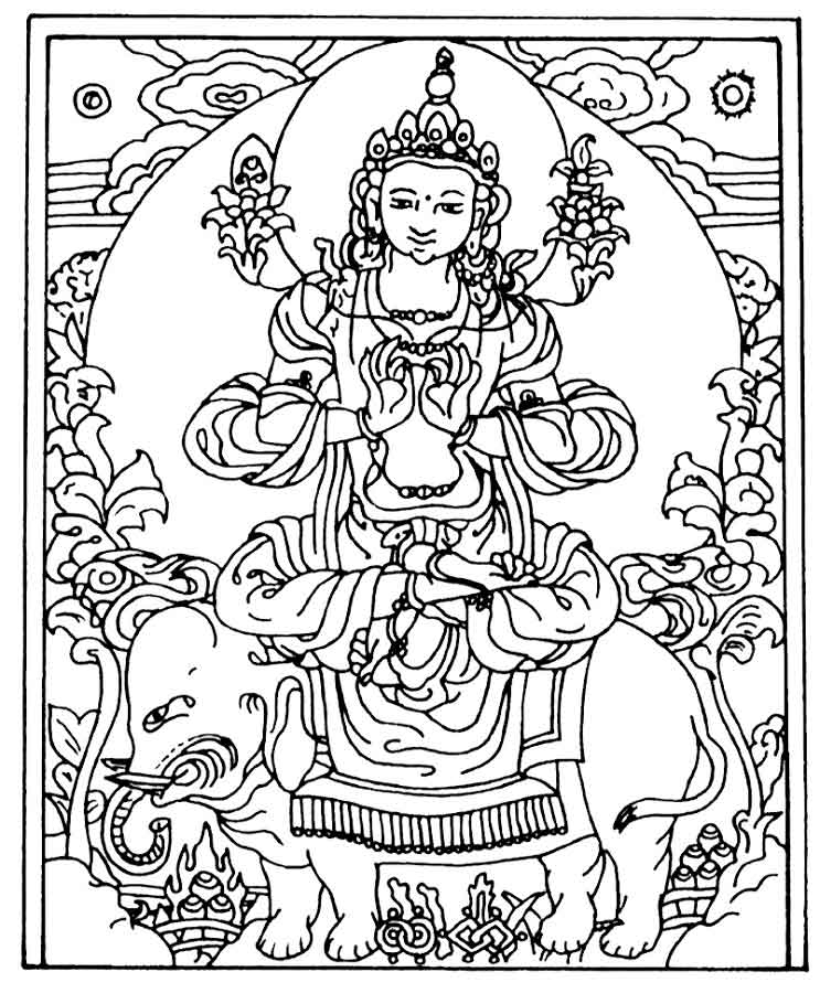Coloriage représentant le bouddha entouré de symboles hindous