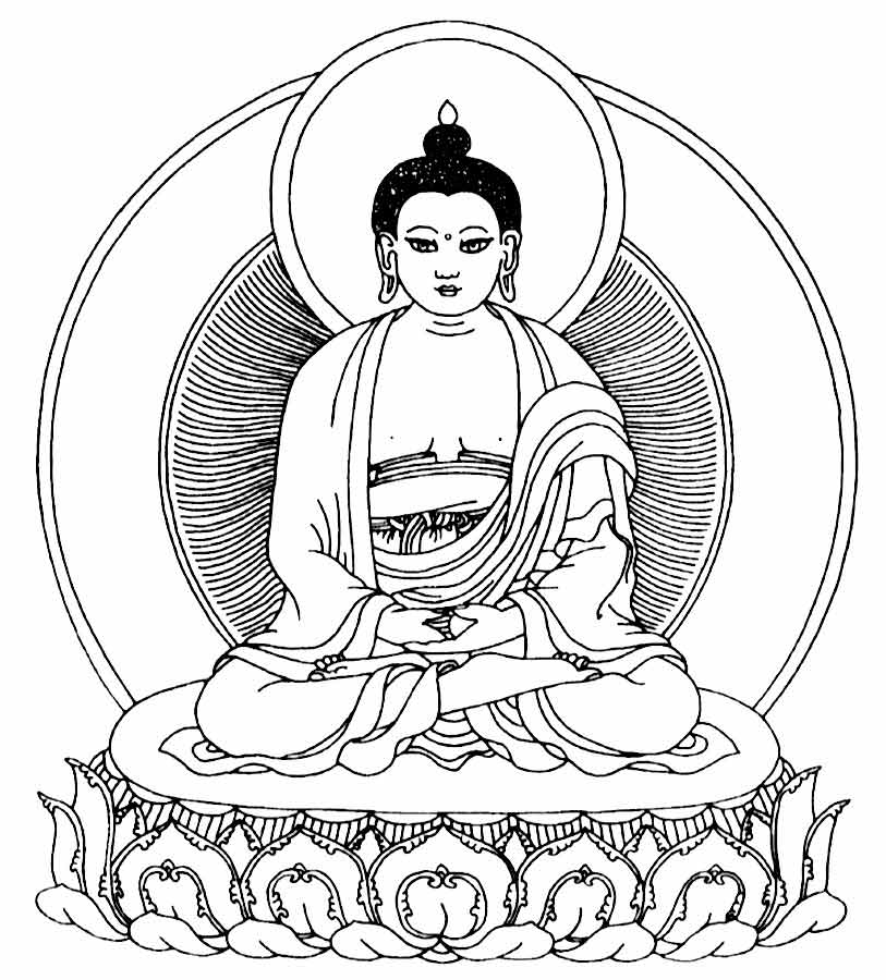 Coloriage d'une représentation de Bouddha dans un décor mythologique hindou