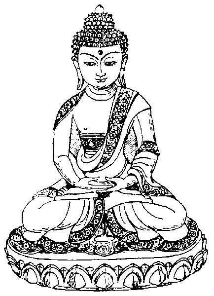 Coloriage d'un Bouddha entouré d'éléments de la mythologie hindoue