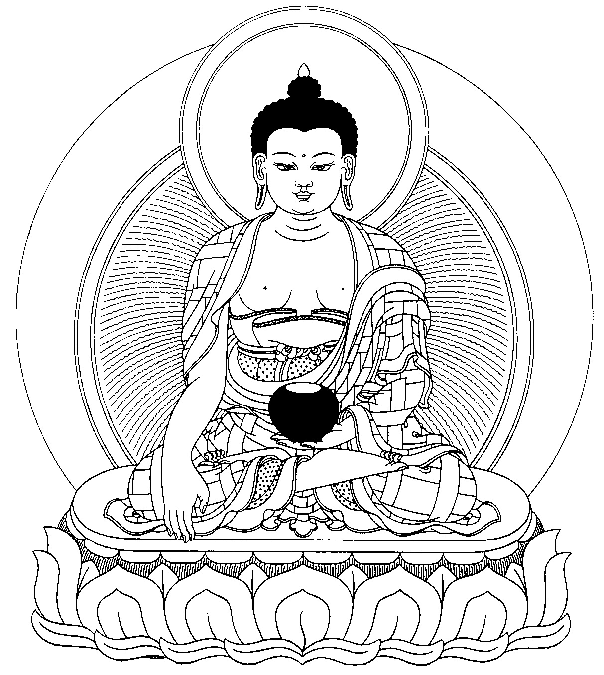 Coloriage représentant Bouddha en méditation entouré de symboles de la mythologie hindoue