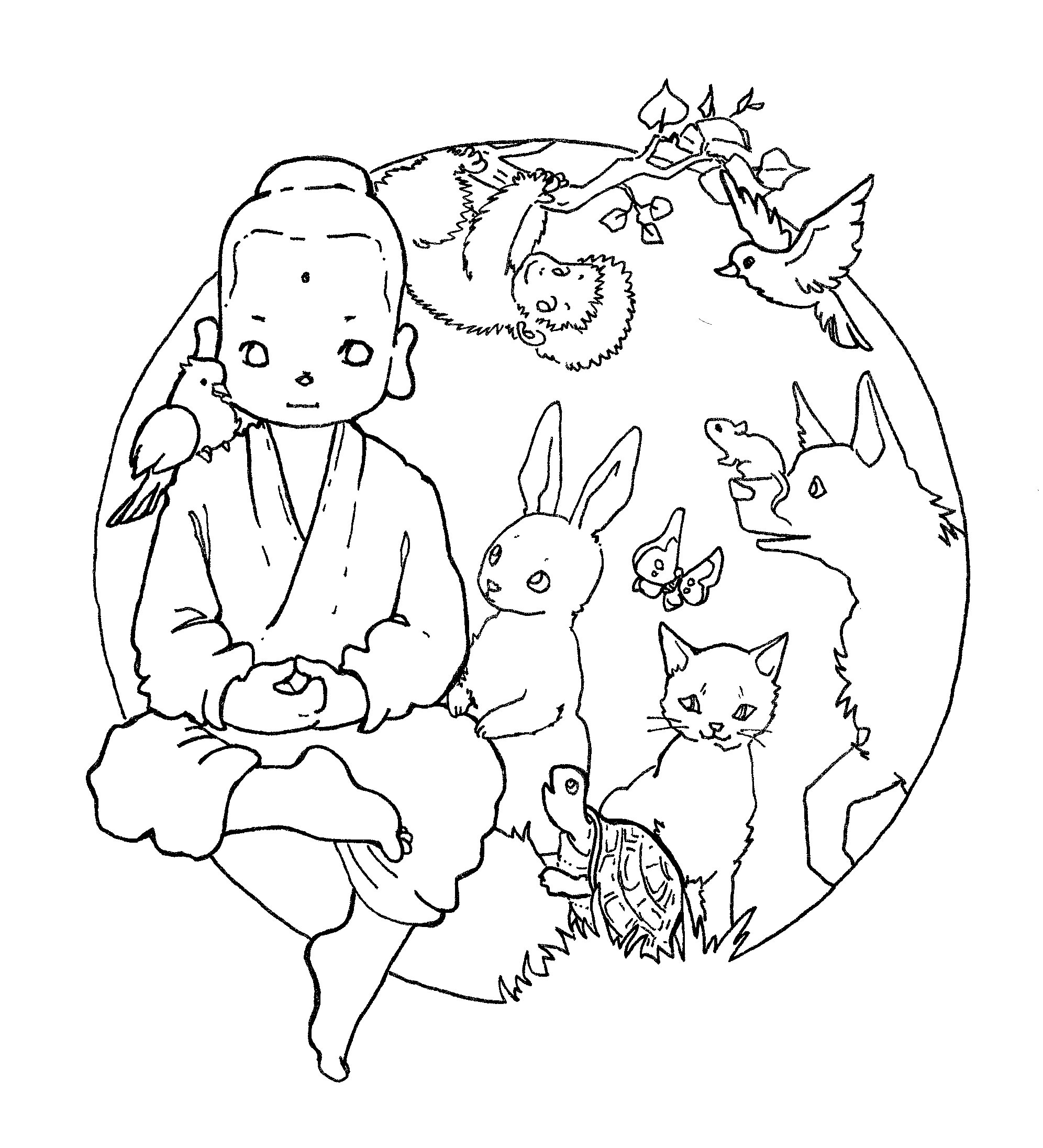 Coloriage d'une représentation de Bouddha dans un décor inspiré de la mythologie hindoue Coloriage d'une représentation de Bouddha dans un décor inspiré de la mythologie hindoue