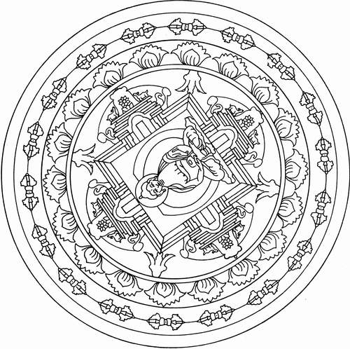Coloriage de Bouddha entouré de motifs inspirés de la mythologie hindoue Coloriage de Bouddha entouré de motifs inspirés de la mythologie hindoue
