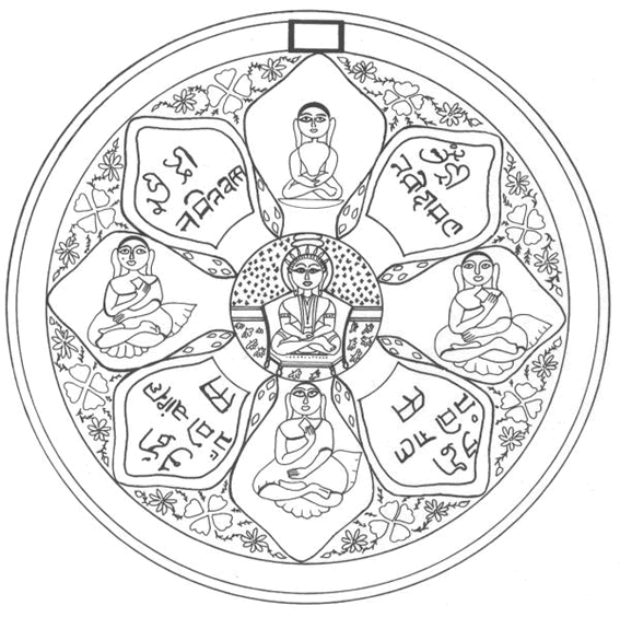 Coloriage d'un Bouddha serein entouré de symboles de la mythologie hindoue