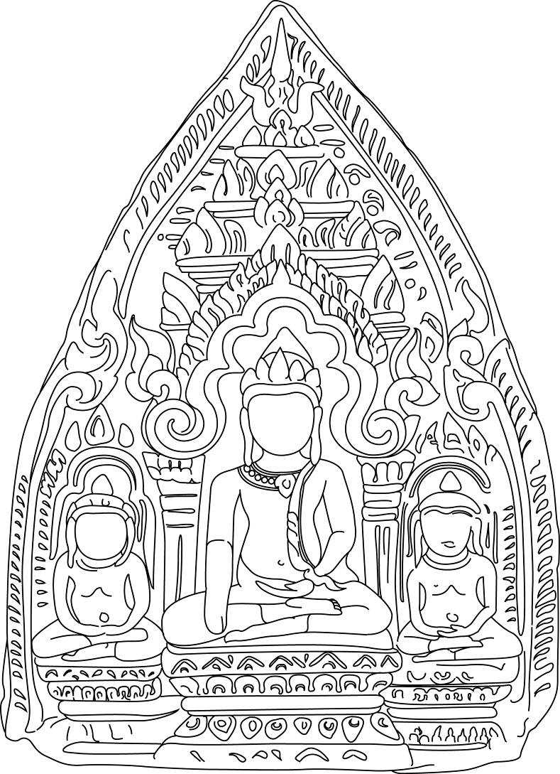Coloriage d'un Bouddha dans un décor inspiré de la mythologie hindoue