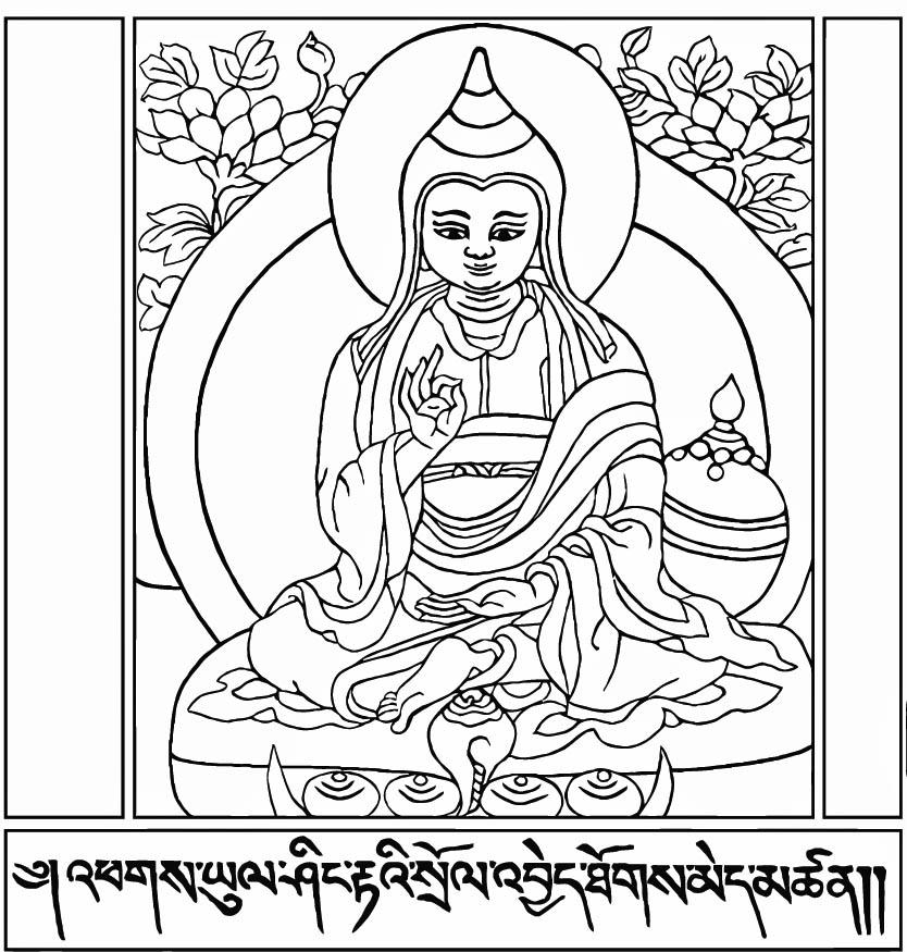 Coloriage représentant Bouddha méditant dans un décor de mythologie hindoue