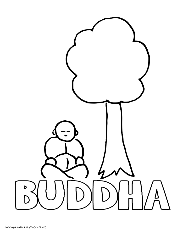 Coloriage représentant le Bouddha dans un décor de mythologie hindoue