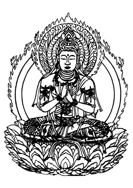 Coloriage de Bouddha entouré de symboles hindous dans un décor paisible