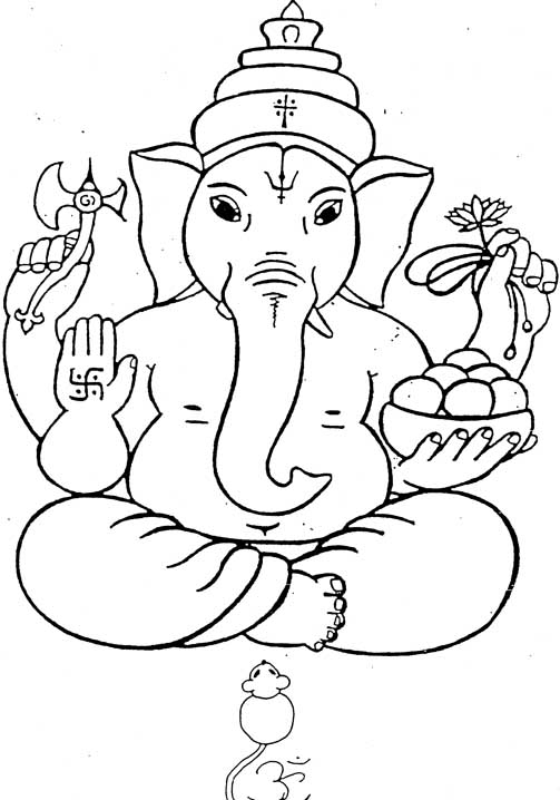 Coloriage de Ganesh entouré de motifs floraux et symboliques