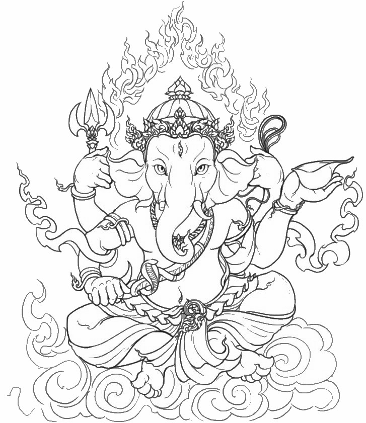 Ganesh entouré d'éléments symboliques dans un décor hindou