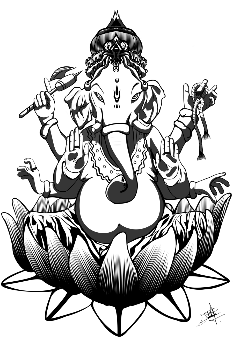 Ganesh entouré d'éléments symboliques et floraux