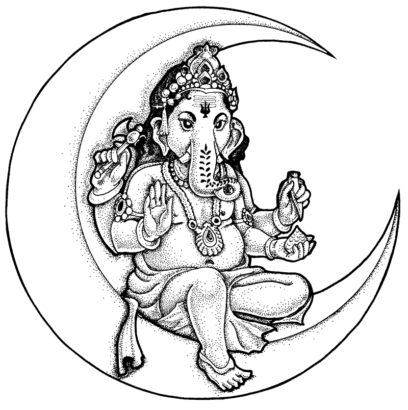 Coloriage de Ganesh, le dieu à tête d'éléphant, dans une pose méditative Coloriage de Ganesh, le dieu à tête d'éléphant, dans une pose méditative