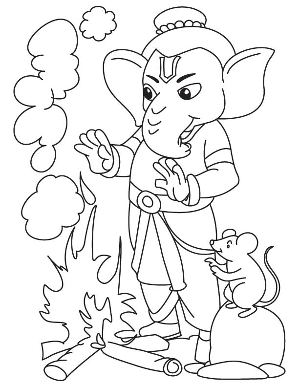 Coloriage de Ganesh entouré d'éléments symboliques hindous