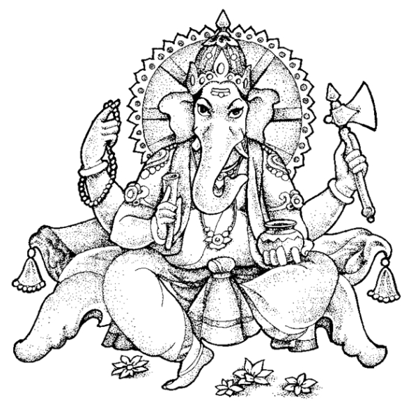 Coloriage de Ganesh entouré d'éléments symboliques hindous Coloriage de Ganesh entouré d'éléments symboliques hindous