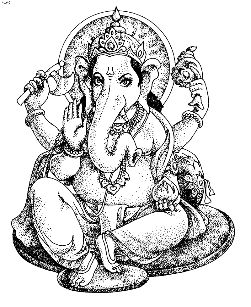Coloriage de Ganesh entouré de motifs ornementaux Coloriage de Ganesh entouré de motifs ornementaux