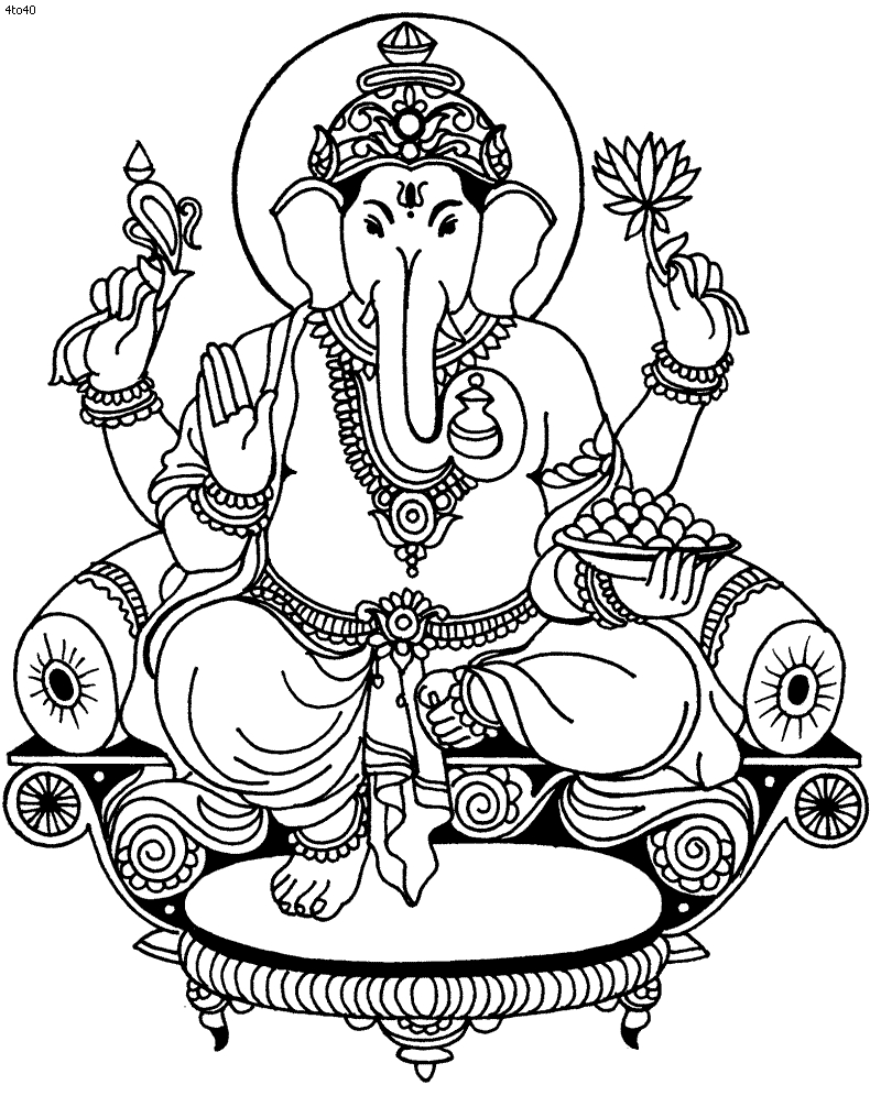 Coloriage de Ganesh entouré de motifs floraux et géométriques Coloriage de Ganesh entouré de motifs floraux et géométriques