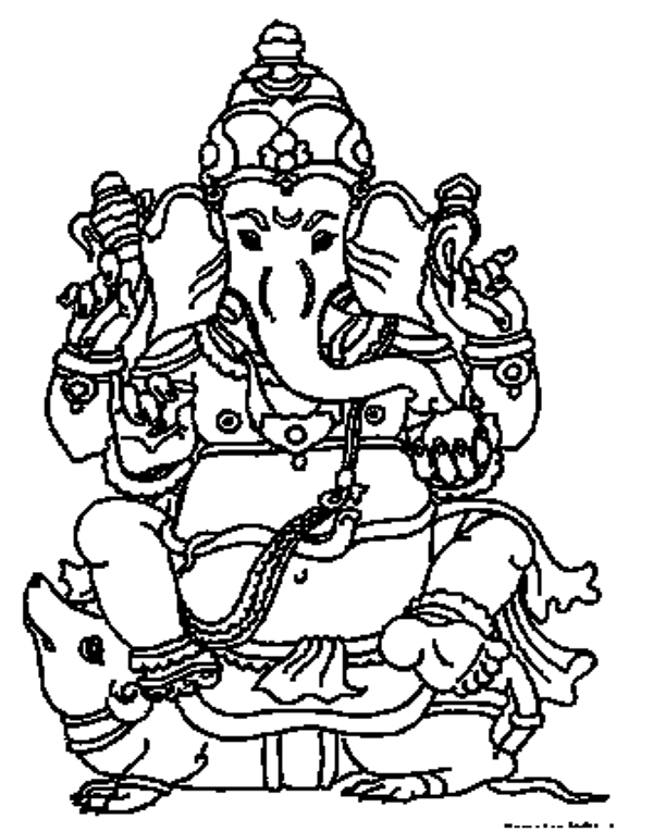 Coloriage de Ganesh en train de danser, entouré d'éléments traditionnels