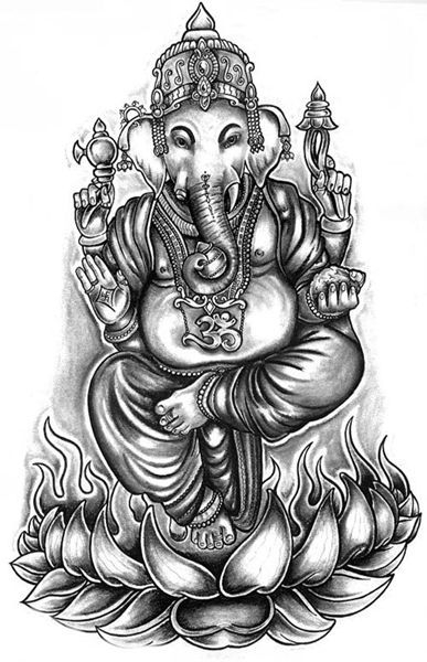 Coloriage de Ganesh entouré d'éléments symboliques Coloriage de Ganesh entouré d'éléments symboliques