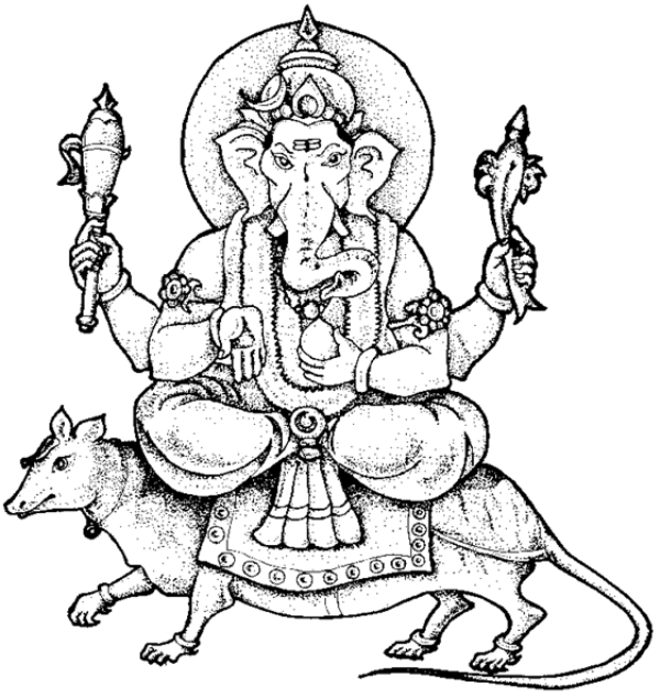 Coloriage de Ganesh, le dieu à tête d’éléphant, dans un décor mythologique hindou