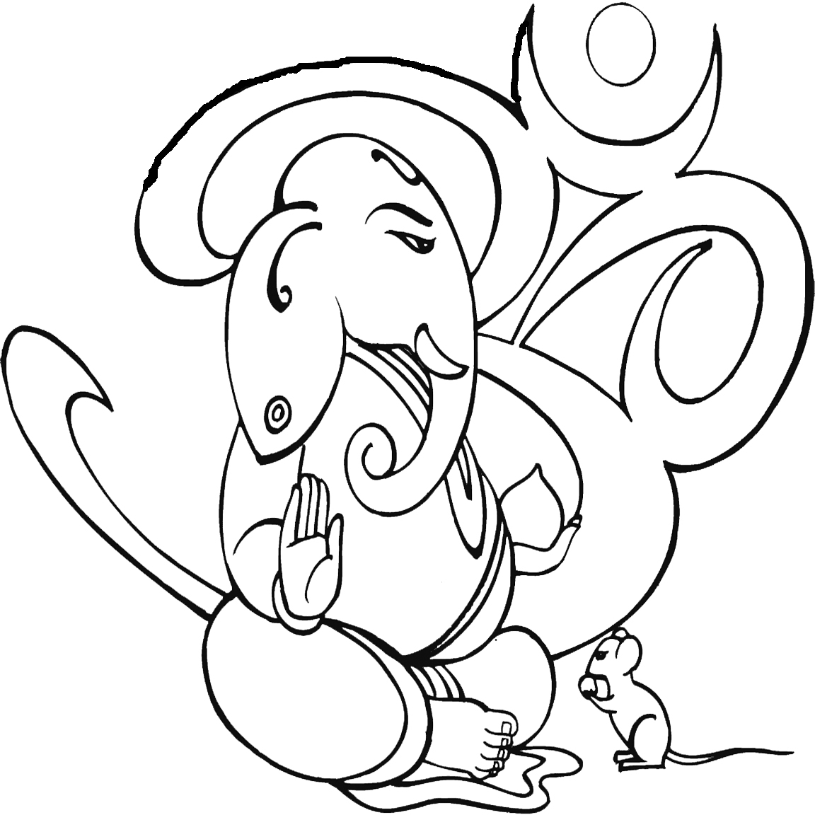 Coloriage de Ganesh entouré d'éléments symboliques de la mythologie hindoue