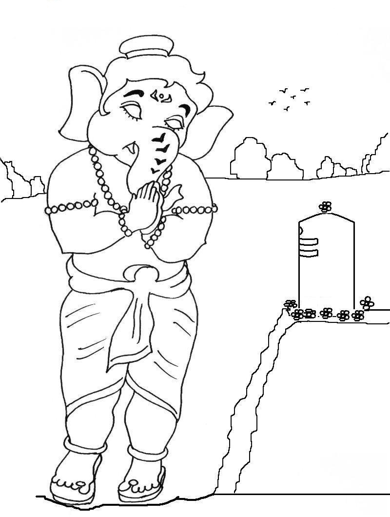 Coloriage de Ganesh entouré d'éléments symboliques de la mythologie hindoue