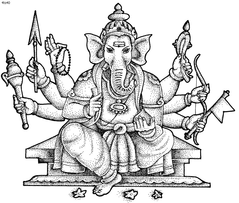 Coloriage de Ganesh entouré de motifs floraux et symboliques Coloriage de Ganesh entouré de motifs floraux et symboliques