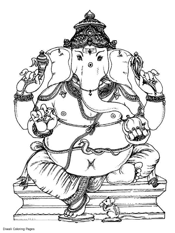 Coloriage de Ganesh entouré d'éléments symboliques hindous