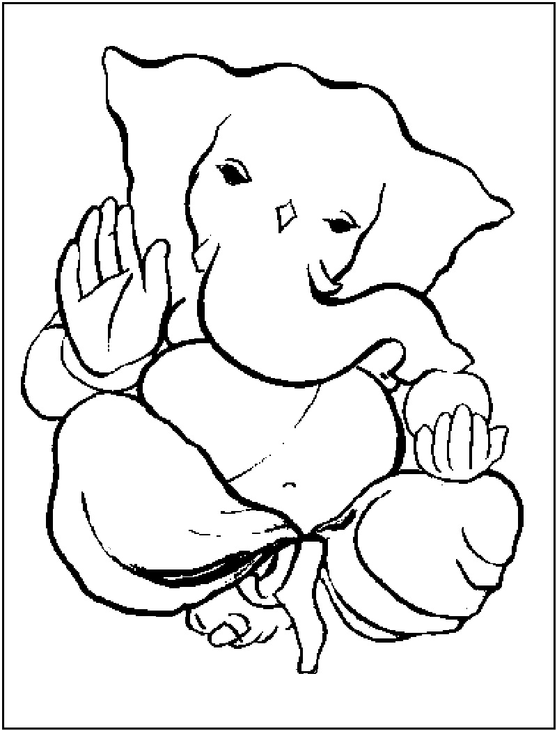 Coloriage de Ganesh entouré d'éléments symboliques de la mythologie hindoue Coloriage de Ganesh entouré d'éléments symboliques de la mythologie hindoue