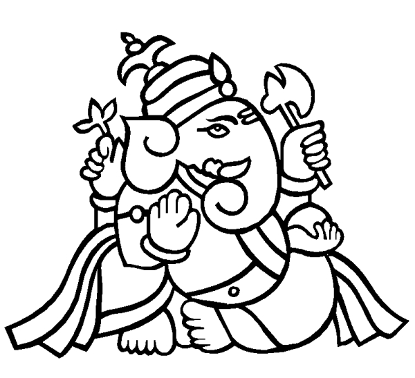 Coloriage de Ganesh entouré d'éléments symboliques de la mythologie hindoue