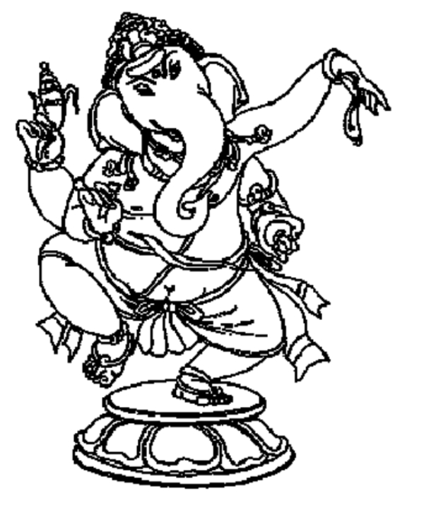 Coloriage de Ganesh, divinité hindoue, entouré d'éléments symboliques