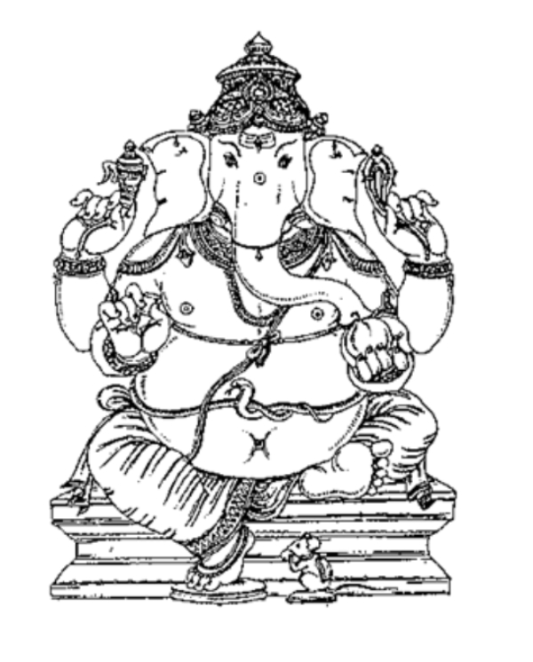 Coloriage de Ganesh entouré d'éléments symboliques hindous Coloriage de Ganesh entouré d'éléments symboliques hindous