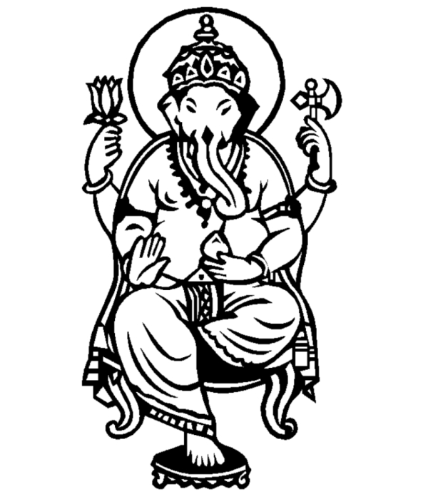 Coloriage de Ganesh dans un cadre mystique avec éléments symboliques Coloriage de Ganesh dans un cadre mystique avec éléments symboliques