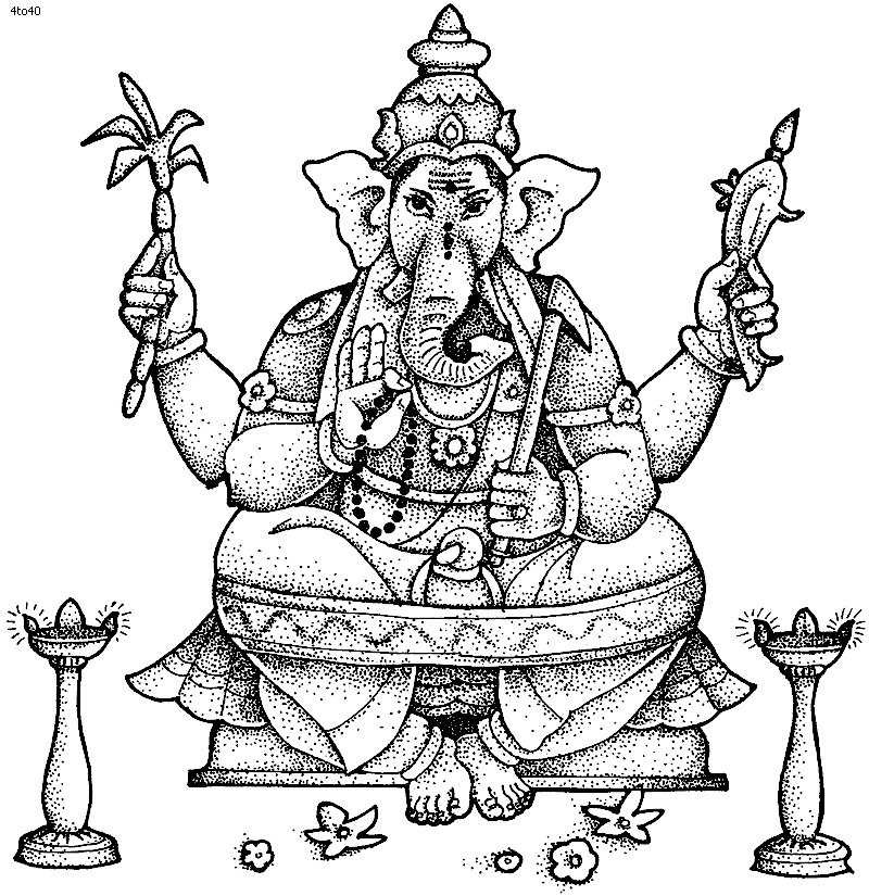 Coloriage de Ganesh entouré d'éléments symboliques hindous Coloriage de Ganesh entouré d'éléments symboliques hindous