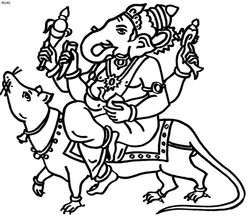 Coloriage de Ganesh entouré de motifs floraux et symboliques Coloriage de Ganesh entouré de motifs floraux et symboliques