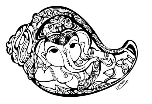 Coloriage de Ganesh, divinité hindoue, dans un décor stylisé