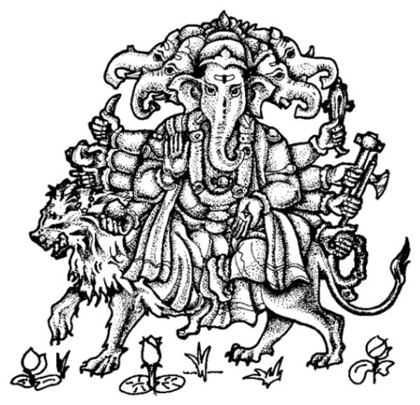 Coloriage de Ganesh entouré d'éléments symboliques hindous Coloriage de Ganesh entouré d'éléments symboliques hindous