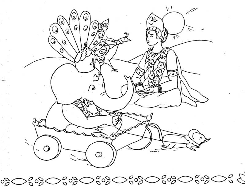 Coloriage de Ganesh entouré de motifs floraux et géométriques Coloriage de Ganesh entouré de motifs floraux et géométriques
