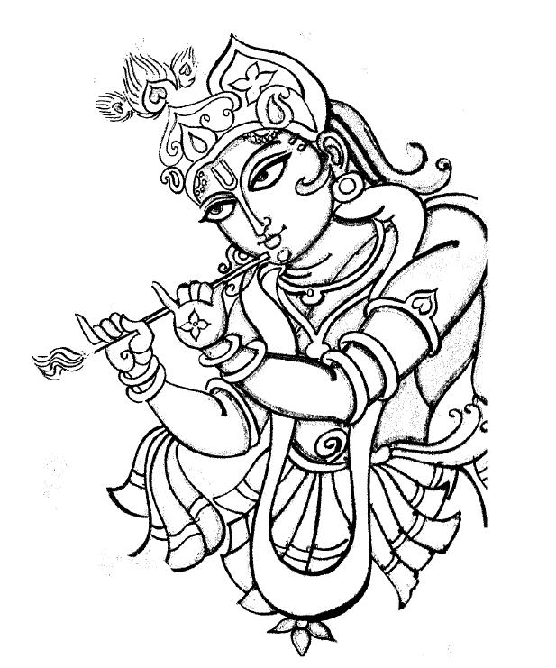 Coloriage d'une scène mythologique hindoue avec un personnage central et des éléments symboliques