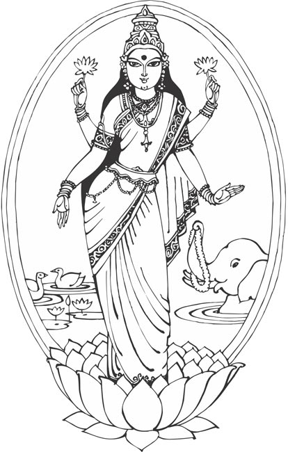 Représentation d'une divinité hindoue entourée d'éléments symboliques