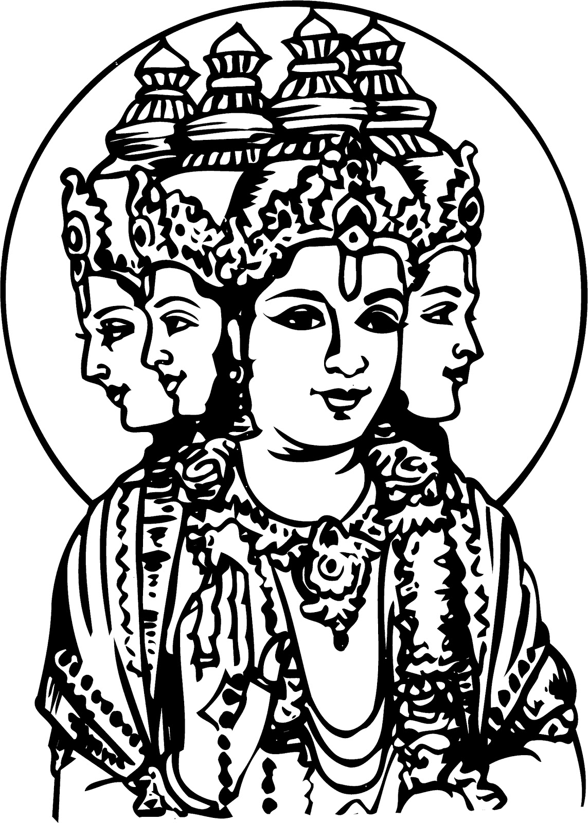 Coloriage de divinités hindoues entourées d'ornements floraux