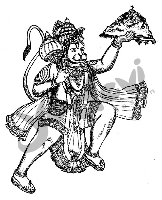 C coloriage d'une scène mythologique hindoue avec des personnages et des éléments symboliques