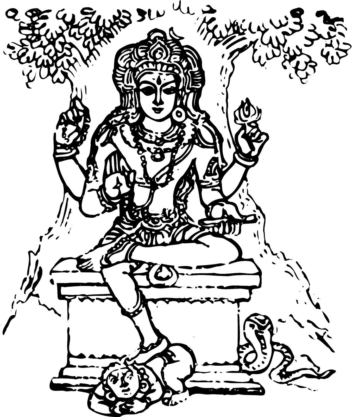 Coloriage d'une scène de mythologie hindoue avec divinités et motifs floraux Coloriage d'une scène de mythologie hindoue avec divinités et motifs floraux