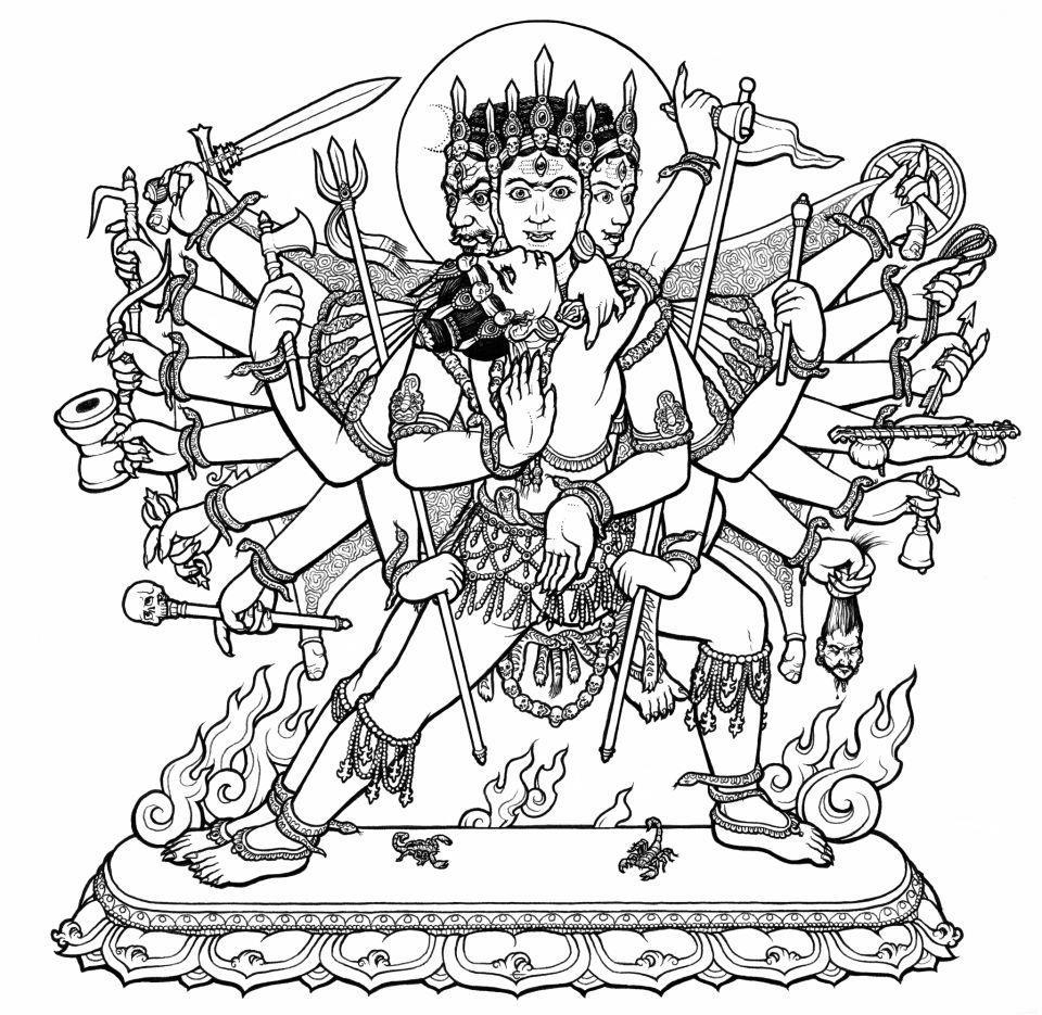 Scène de mythologie hindoue avec divinités et éléments naturels