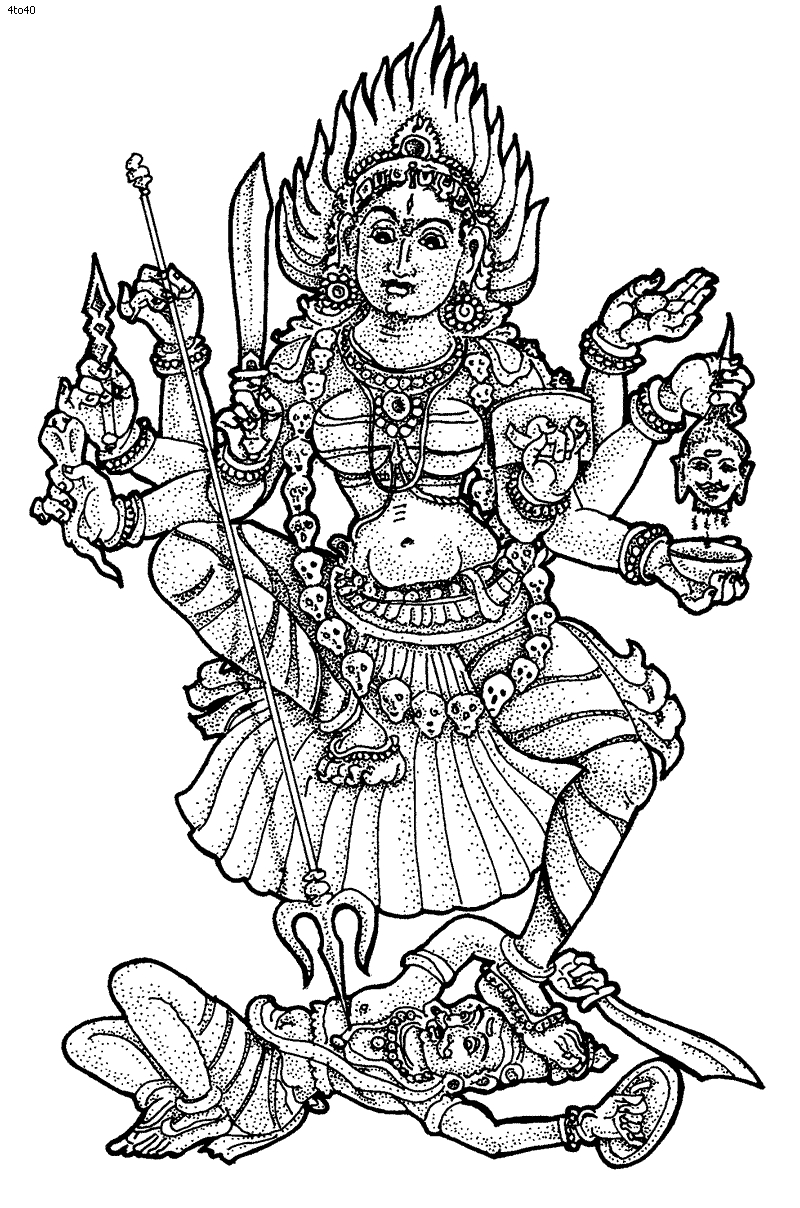 Coloriage d'une scène de mythologie hindoue avec des divinités et des animaux