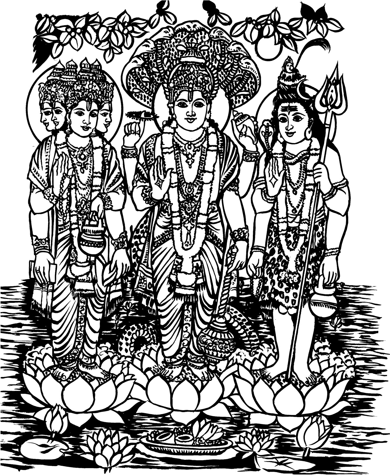 Scène de mythologie hindoue avec divinités au milieu de motifs floraux Scène de mythologie hindoue avec divinités au milieu de motifs floraux