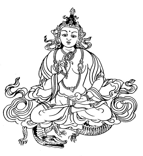 Coloriage d'une scène mythologique hindoue avec divinités et motifs ornés