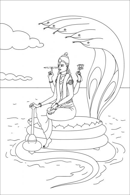 Coloriage d'une déesse hindoue entourée d'éléments symboliques