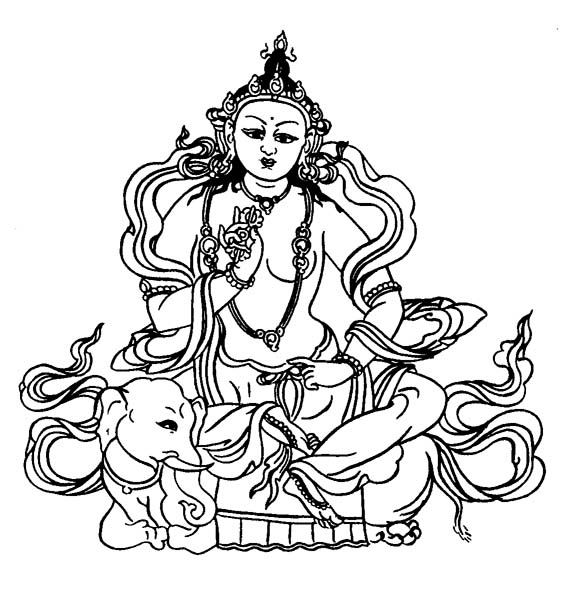 Coloriage d'une scène mythologique hindoue avec divinités et éléments symboliques Coloriage d'une scène mythologique hindoue avec divinités et éléments symboliques