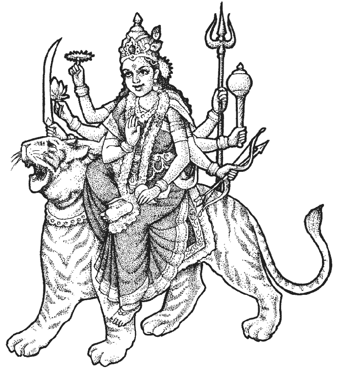 Représentation d'une scène de mythologie hindoue avec un personnage divin entouré d'éléments symboliques